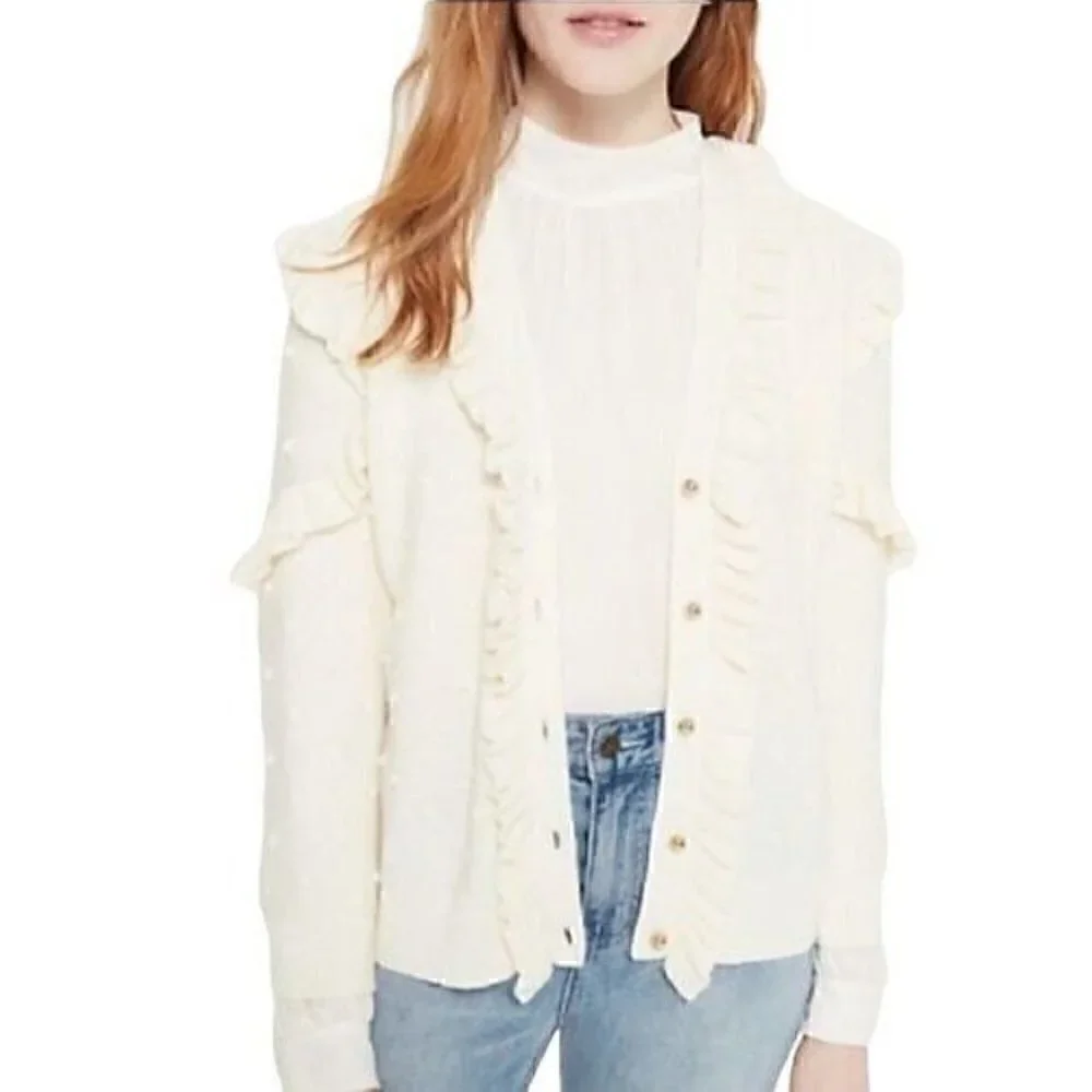 Kate Spade Cardigan Wool Blend Ruffle Pom Pom Ivory xs new retail $268